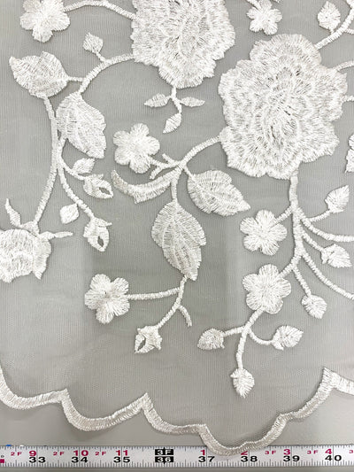Iris IVORY Floral and Leaves Embroidery on WHITE Mesh Lace Fabric by the Yard - 10006