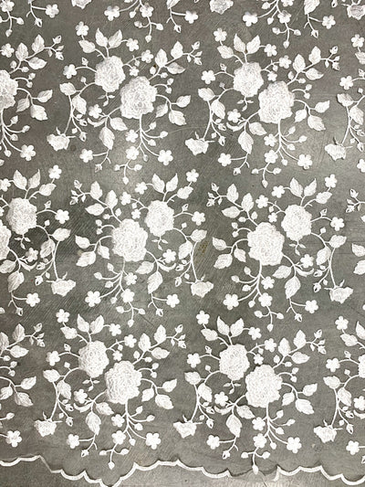 Iris IVORY Floral and Leaves Embroidery on WHITE Mesh Lace Fabric by the Yard - 10006