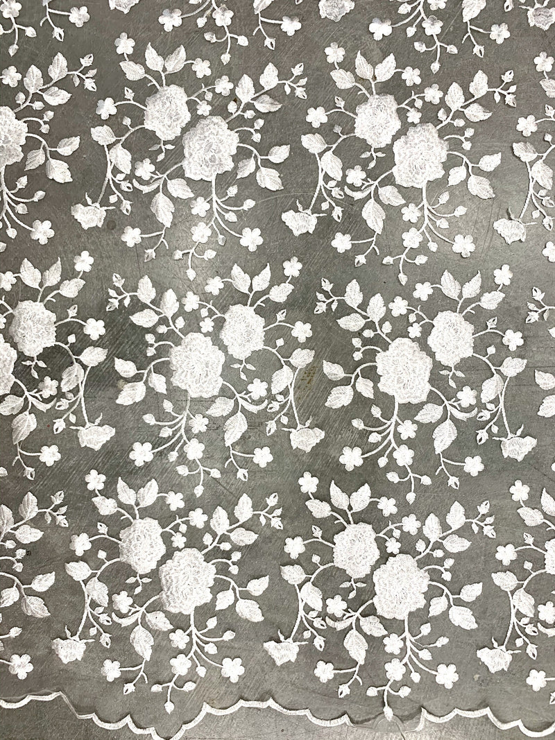 Iris IVORY Floral and Leaves Embroidery on WHITE Mesh Lace Fabric by the Yard - 10006