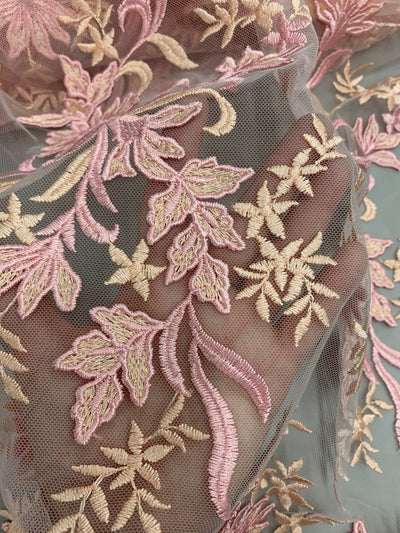 Lacey PINK PEACH Polyester 3D Floral Embroidery on Mesh Lace Fabric by the Yard - 10197