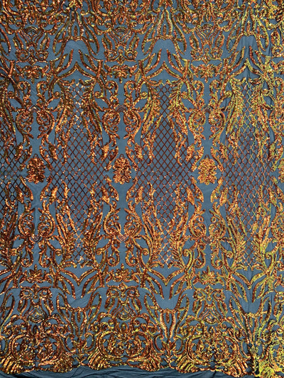 Phoebe Iridescent ORANGE GOLD Sequins on BLACK Mesh Lace Fabric by the Yard - 10062