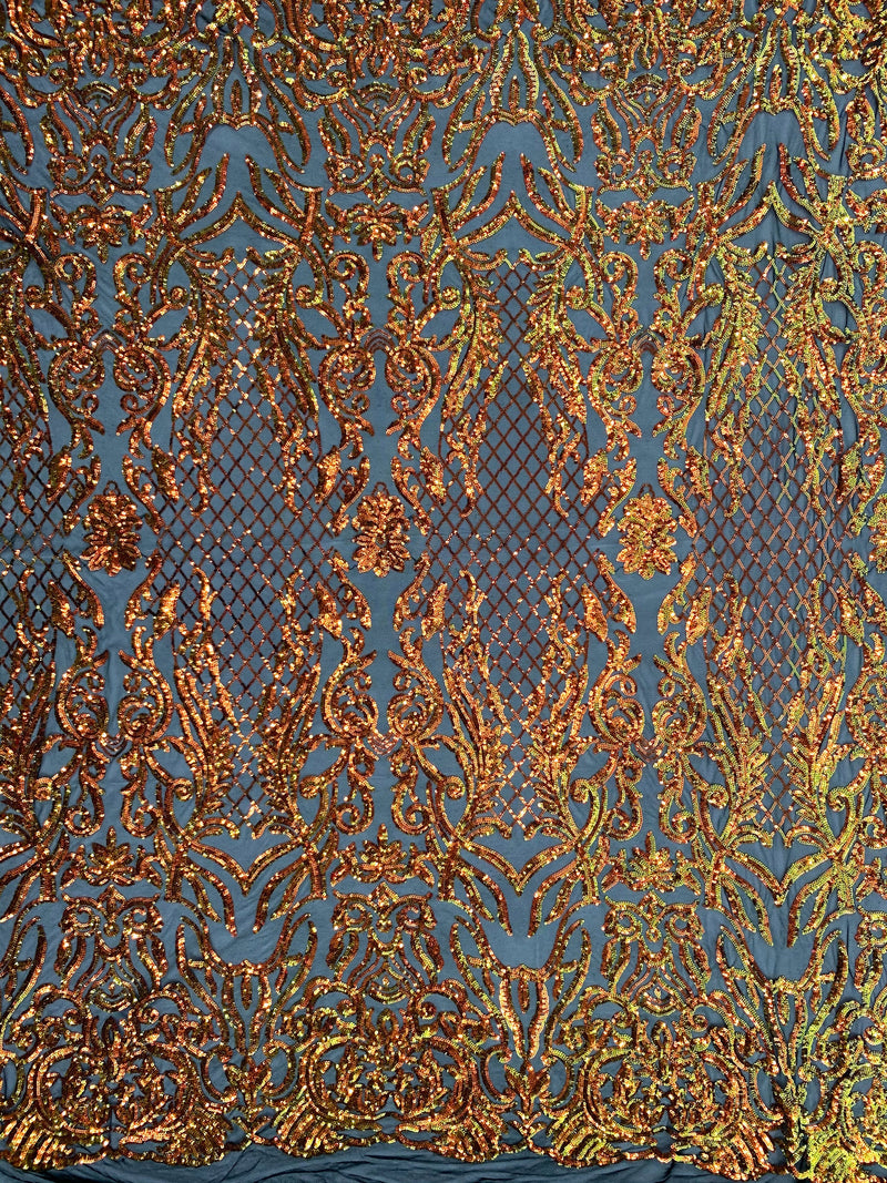 Phoebe Iridescent ORANGE GOLD Sequins on BLACK Mesh Lace Fabric by the Yard - 10062
