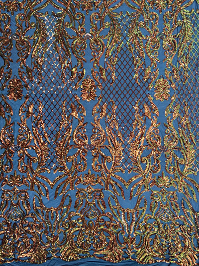 Phoebe Iridescent ORANGE GOLD Sequins on BLACK Mesh Lace Fabric by the Yard - 10062