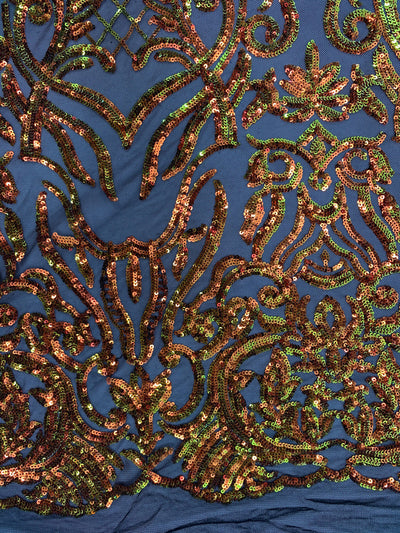 Phoebe Iridescent ORANGE GOLD Sequins on BLACK Mesh Lace Fabric by the Yard - 10062