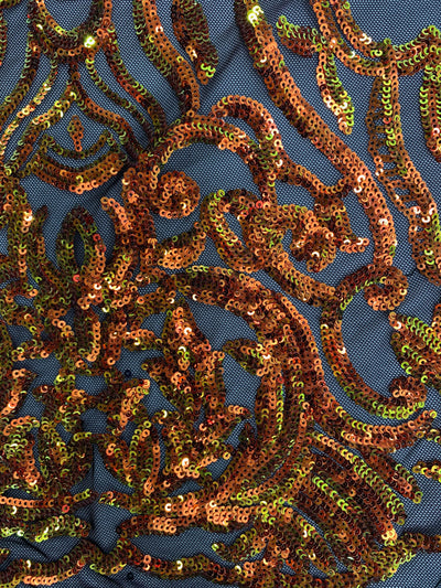 Phoebe Iridescent ORANGE GOLD Sequins on BLACK Mesh Lace Fabric by the Yard - 10062