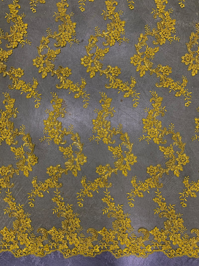 Cristina BRIGHT YELLOW Polyester Floral Embroidery with Sequins on Mesh Lace Fabric by the Yard for Gown, Wedding, Bridesmaid, Prom - 10076