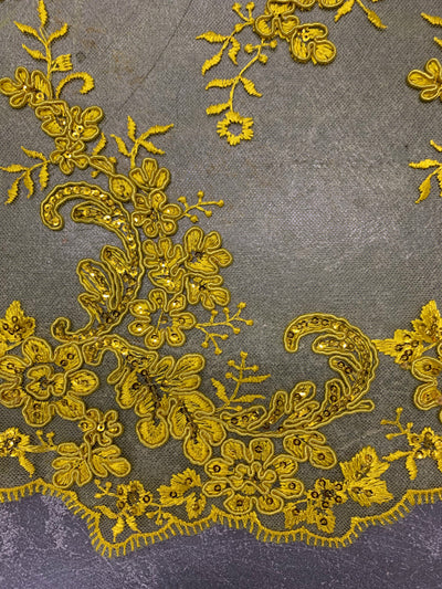 Cristina BRIGHT YELLOW Polyester Floral Embroidery with Sequins on Mesh Lace Fabric by the Yard for Gown, Wedding, Bridesmaid, Prom - 10076