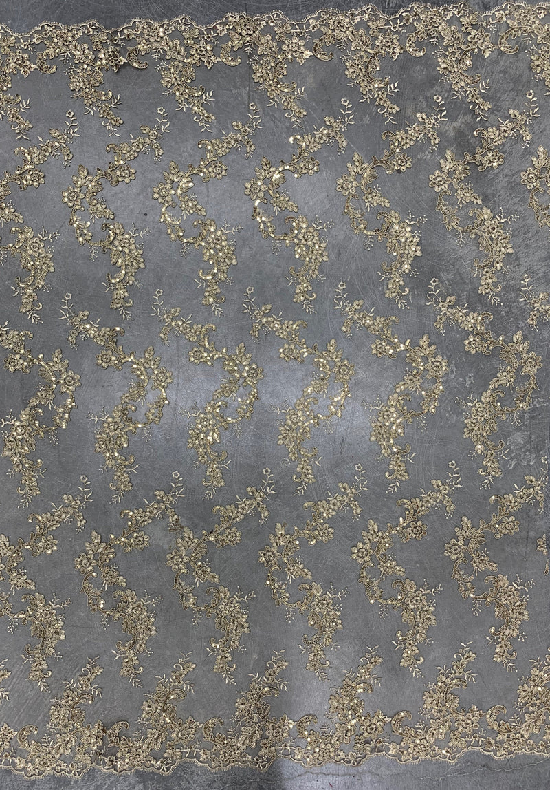 Cristina CHAMPAGNE Polyester Floral Embroidery with Sequins on Mesh Lace Fabric by the Yard for Gown, Wedding, Bridesmaid, Prom - 10076