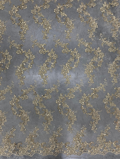 Cristina CHAMPAGNE Polyester Floral Embroidery with Sequins on Mesh Lace Fabric by the Yard for Gown, Wedding, Bridesmaid, Prom - 10076
