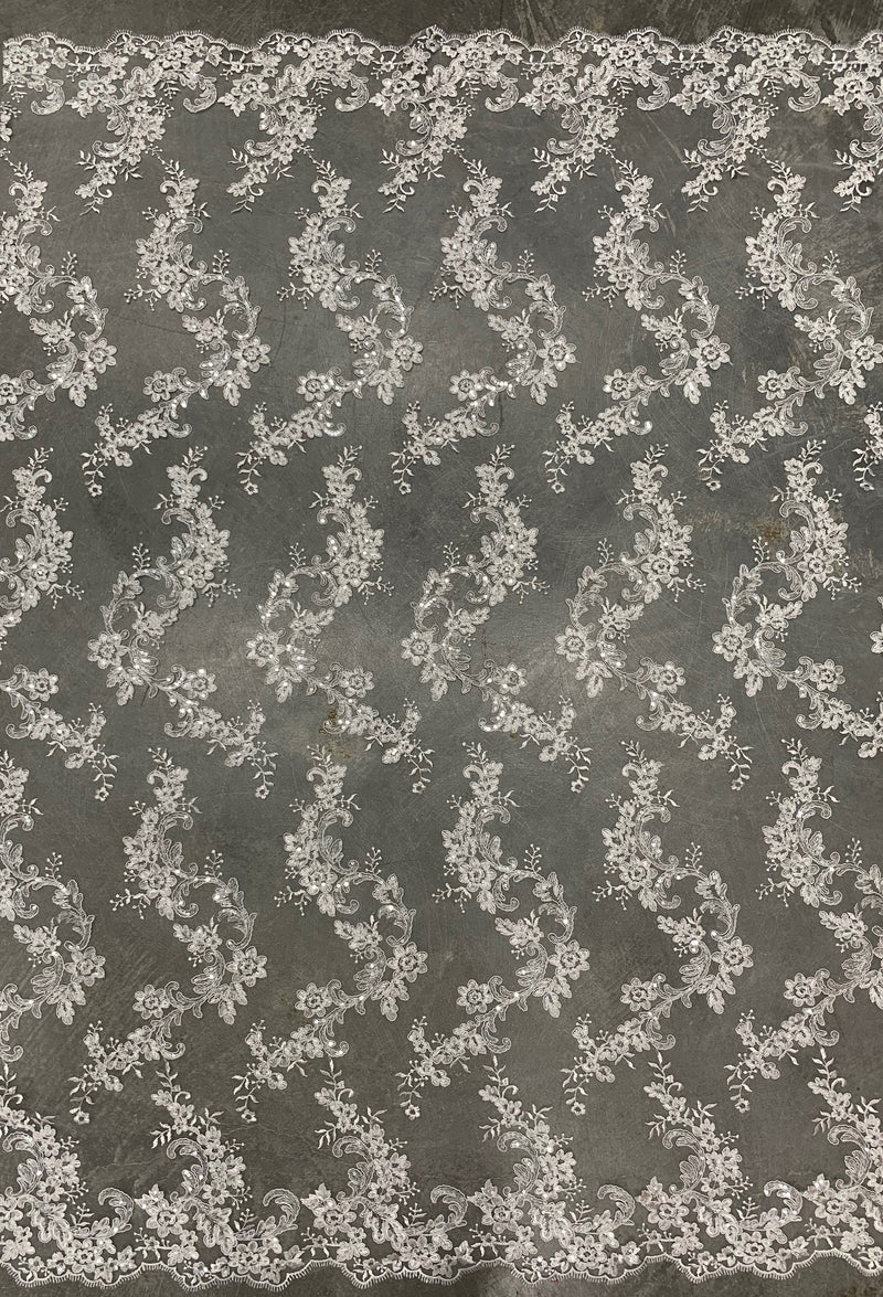 Cristina IVORY Polyester Floral Embroidery with Sequins on Mesh Lace Fabric by the Yard for Gown, Wedding, Bridesmaid, Prom - 10076