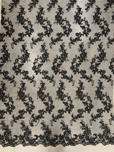 Cristina BLACK Polyester Floral Embroidery with Sequins on Mesh Lace Fabric by the Yard for Gown, Wedding, Bridesmaid, Prom - 10076