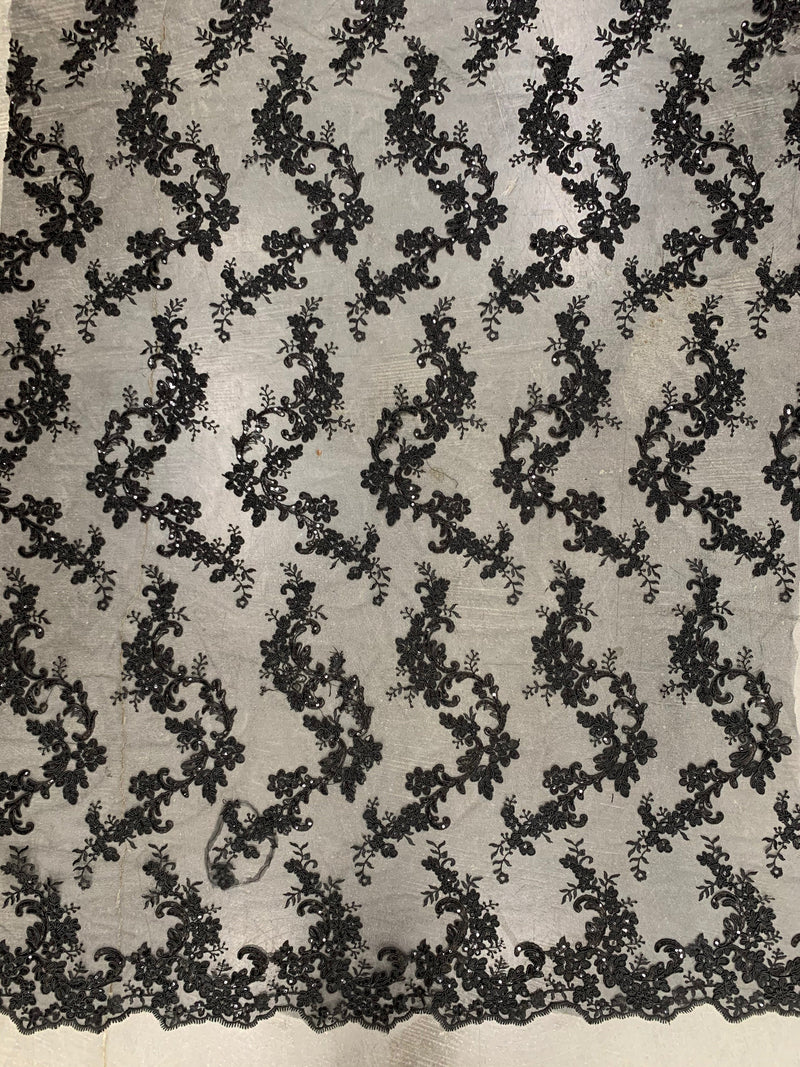 Cristina BLACK Polyester Floral Embroidery with Sequins on Mesh Lace Fabric by the Yard for Gown, Wedding, Bridesmaid, Prom - 10076