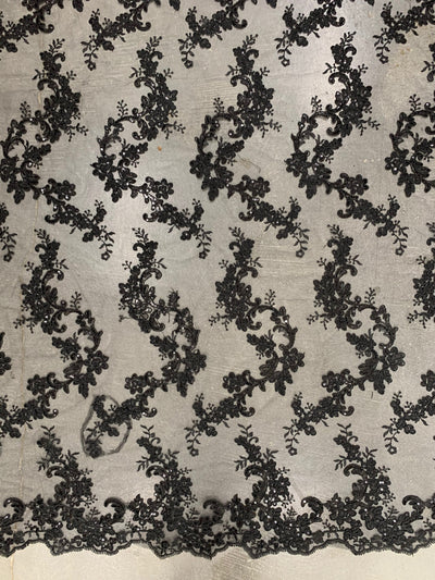 Cristina BLACK Polyester Floral Embroidery with Sequins on Mesh Lace Fabric by the Yard for Gown, Wedding, Bridesmaid, Prom - 10076