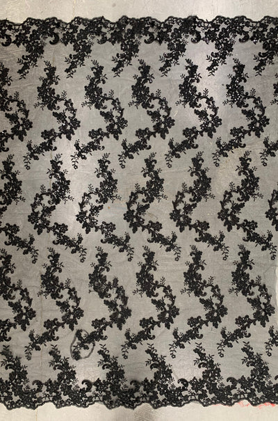 Cristina BLACK Polyester Floral Embroidery with Sequins on Mesh Lace Fabric by the Yard for Gown, Wedding, Bridesmaid, Prom - 10076