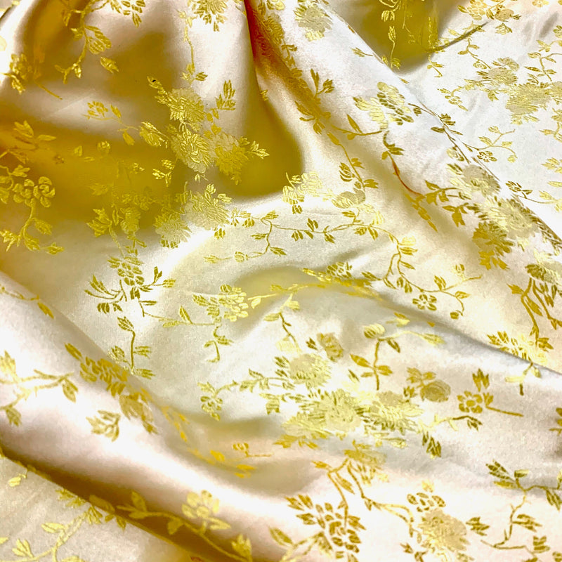 Sienna LIGHT YELLOW GOLD Floral Brocade Chinese Satin Fabric by the Yard - 10033