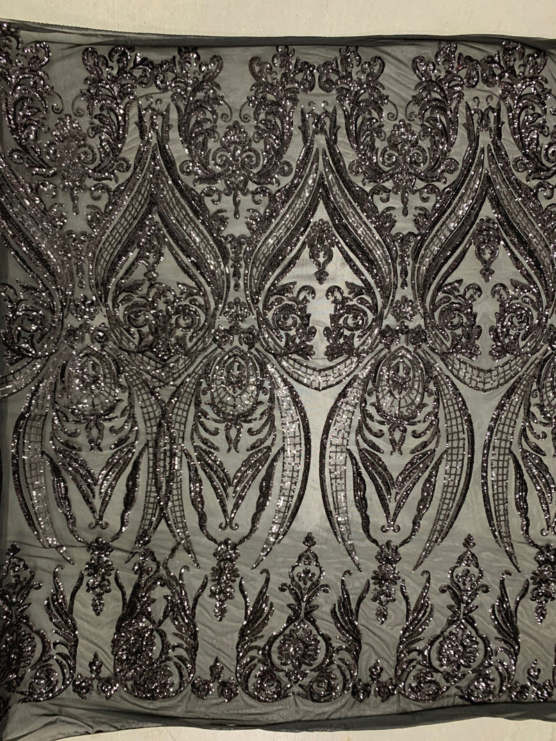 Alaina BLACK Curlicue Sequins on Mesh Lace Fabric by the Yard - 10018