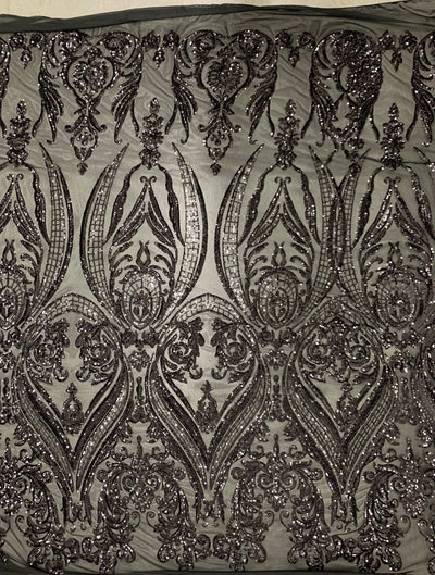 Alaina BLACK Curlicue Sequins on Mesh Lace Fabric by the Yard - 10018