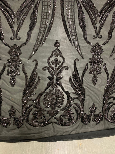 Alaina BLACK Curlicue Sequins on Mesh Lace Fabric by the Yard - 10018