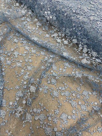 Braelyn BABY BLUE Polyester Floral Embroidery with Sequins on Web Mesh Lace Fabric by the Yard for Gown, Wedding, Bridesmaid, Prom - 10166