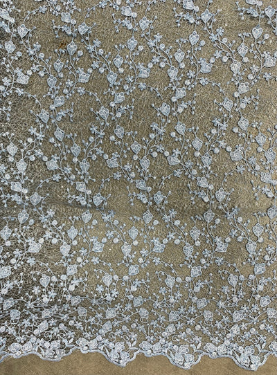 Braelyn BABY BLUE Polyester Floral Embroidery with Sequins on Web Mesh Lace Fabric by the Yard for Gown, Wedding, Bridesmaid, Prom - 10166