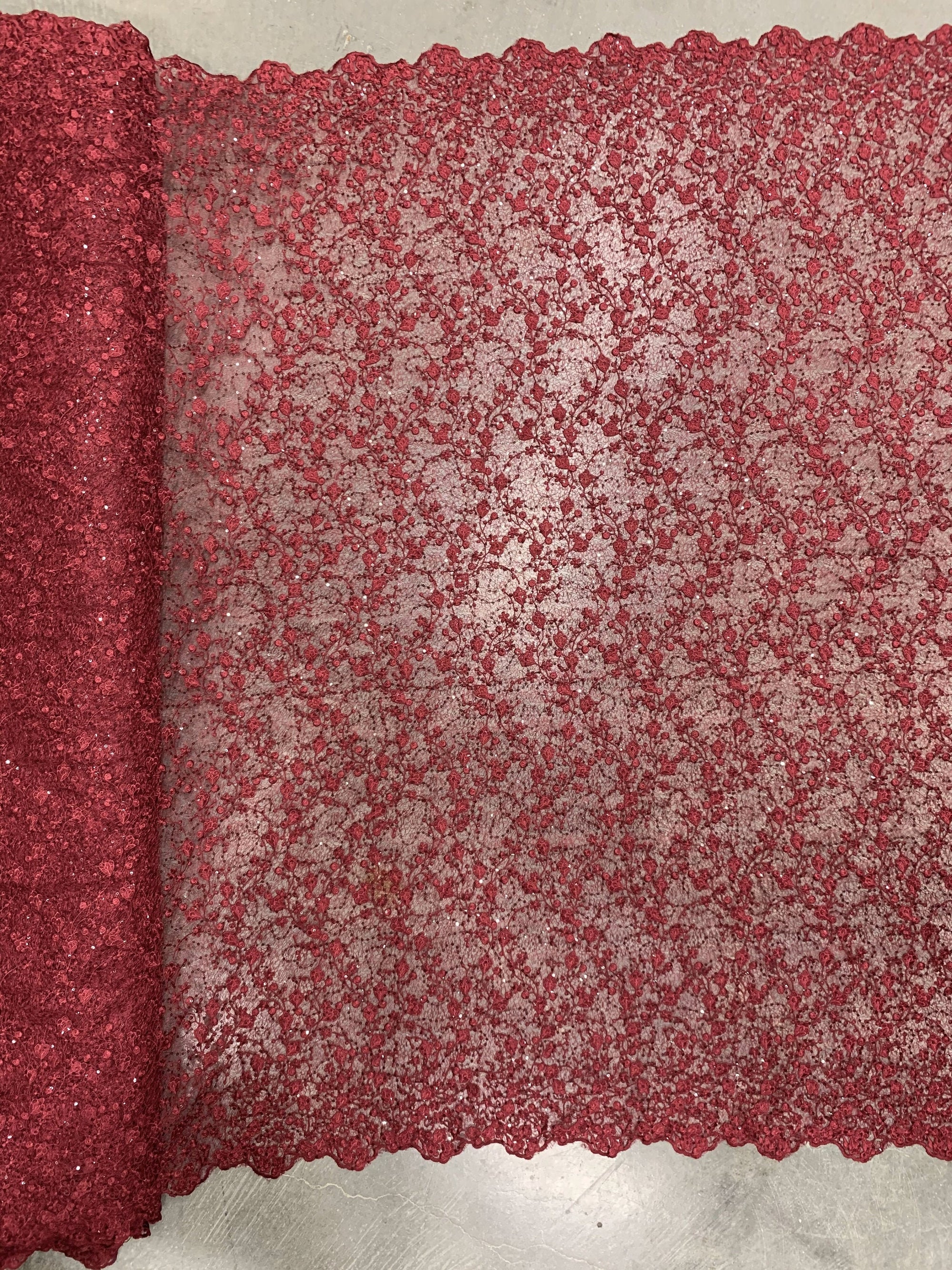 Braelyn BURGUNDY Polyester Floral Embroidery with Sequins on Web Mesh Lace Fabric by the Yard for Gown, Wedding, Bridesmaid, Prom - 10166