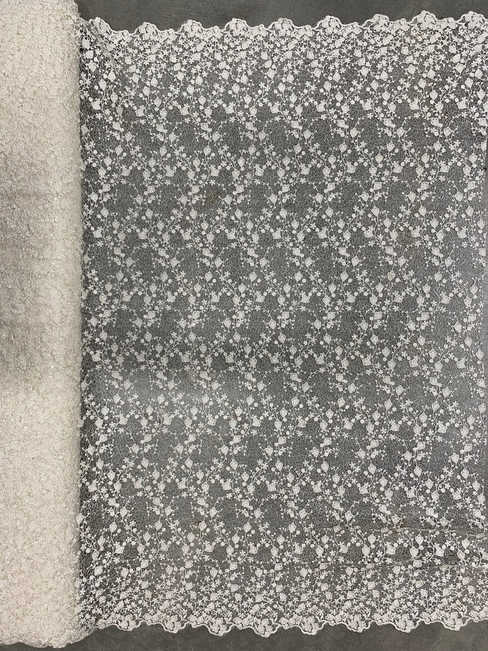 Braelyn IVORY Polyester Floral Embroidery with Sequins on Web Mesh Lace Fabric by the Yard for Gown, Wedding, Bridesmaid, Prom - 10166