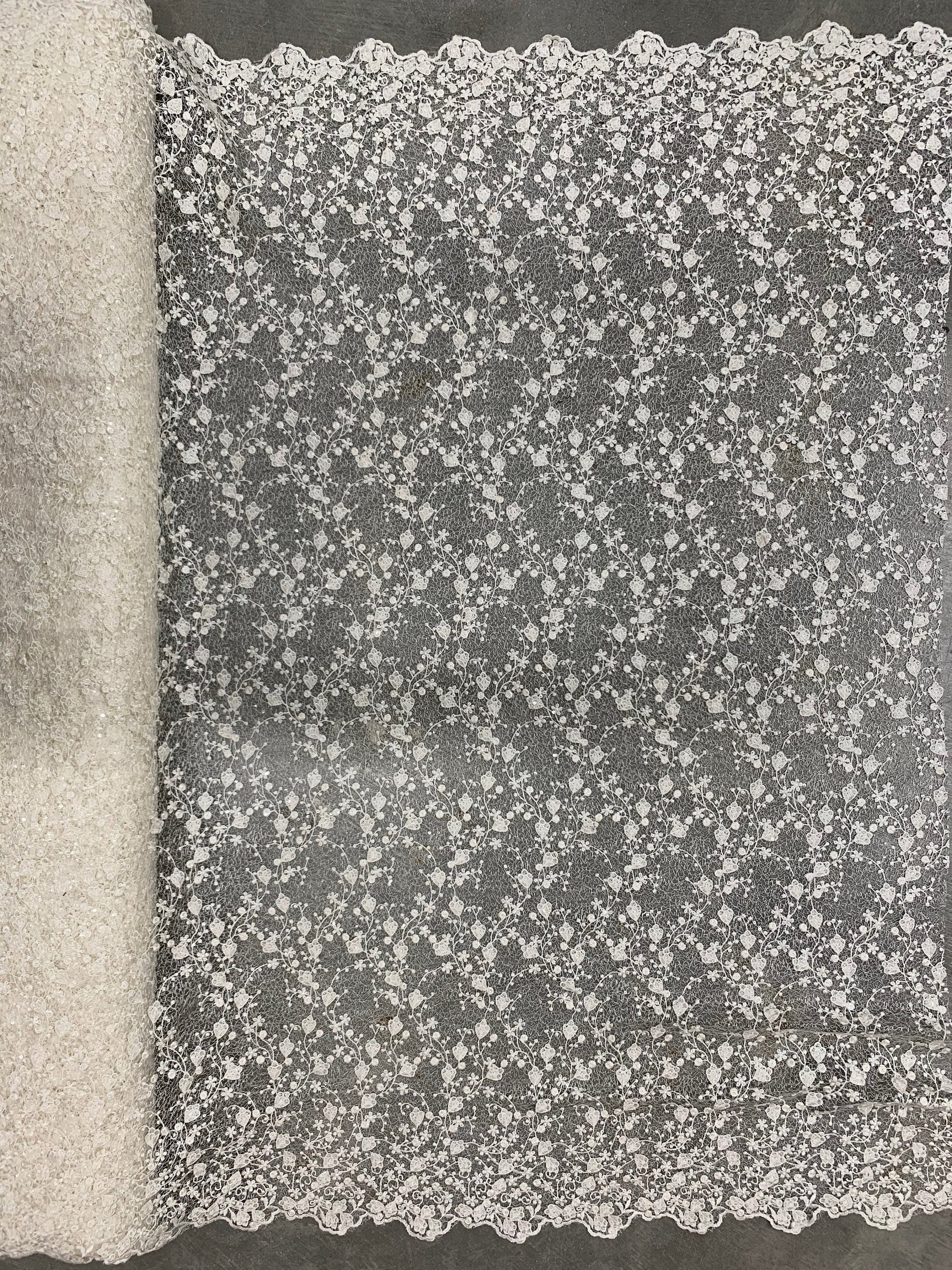 Braelyn IVORY Polyester Floral Embroidery with Sequins on Web Mesh Lace Fabric by the Yard for Gown, Wedding, Bridesmaid, Prom - 10166