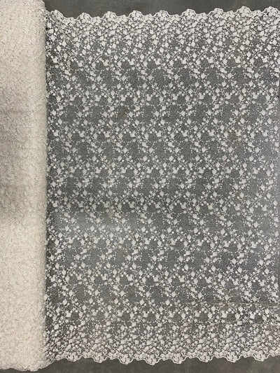 Braelyn IVORY Polyester Floral Embroidery with Sequins on Web Mesh Lace Fabric by the Yard for Gown, Wedding, Bridesmaid, Prom - 10166
