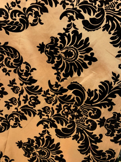 Amanda CHAMPAGNE BEIGE Taffeta with Black Velvet Flocked Damask Fabric by the Yard - 10078