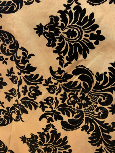 Amanda CHAMPAGNE BEIGE Taffeta with Black Velvet Flocked Damask Fabric by the Yard - 10078