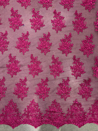 Brianna FUCHSIA Polyester Floral Embroidery with Sequins on Mesh Lace Fabric by the Yard - 10020