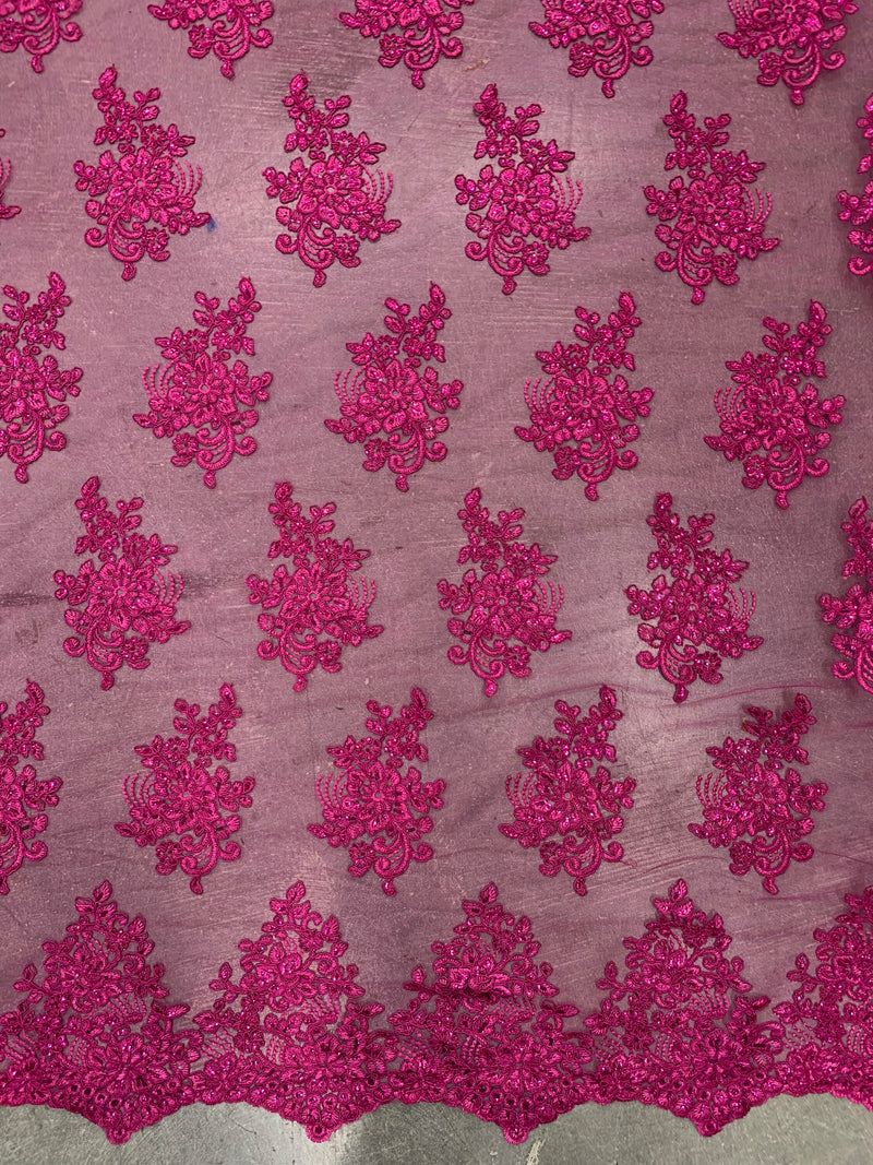 Brianna FUCHSIA Polyester Floral Embroidery with Sequins on Mesh Lace Fabric by the Yard - 10020