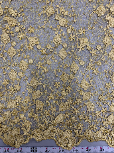 Braelyn GOLD Polyester Floral Embroidery with Sequins on Web Mesh Lace Fabric by the Yard for Gown, Wedding, Bridesmaid, Prom - 10166