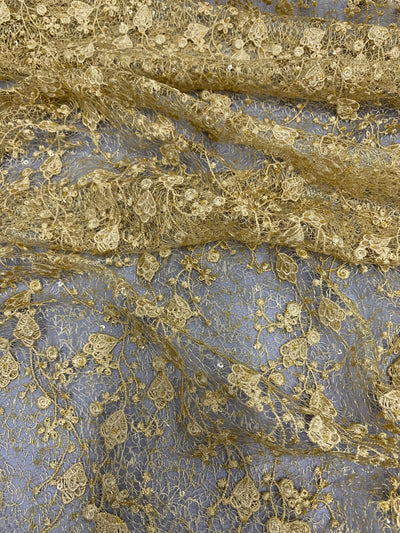 Braelyn GOLD Polyester Floral Embroidery with Sequins on Web Mesh Lace Fabric by the Yard for Gown, Wedding, Bridesmaid, Prom - 10166