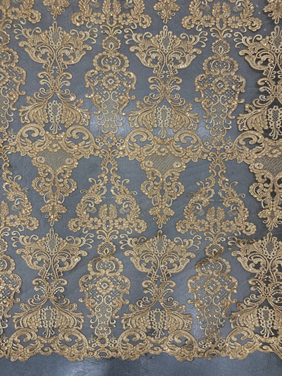 Vivian DARK GOLD Polyester Embroidery with Sequins on Mesh Lace Fabric by the Yard for Gown, Wedding, Bridesmaid, Prom - 10003