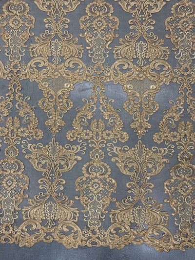 Vivian DARK GOLD Polyester Embroidery with Sequins on Mesh Lace Fabric by the Yard for Gown, Wedding, Bridesmaid, Prom - 10003