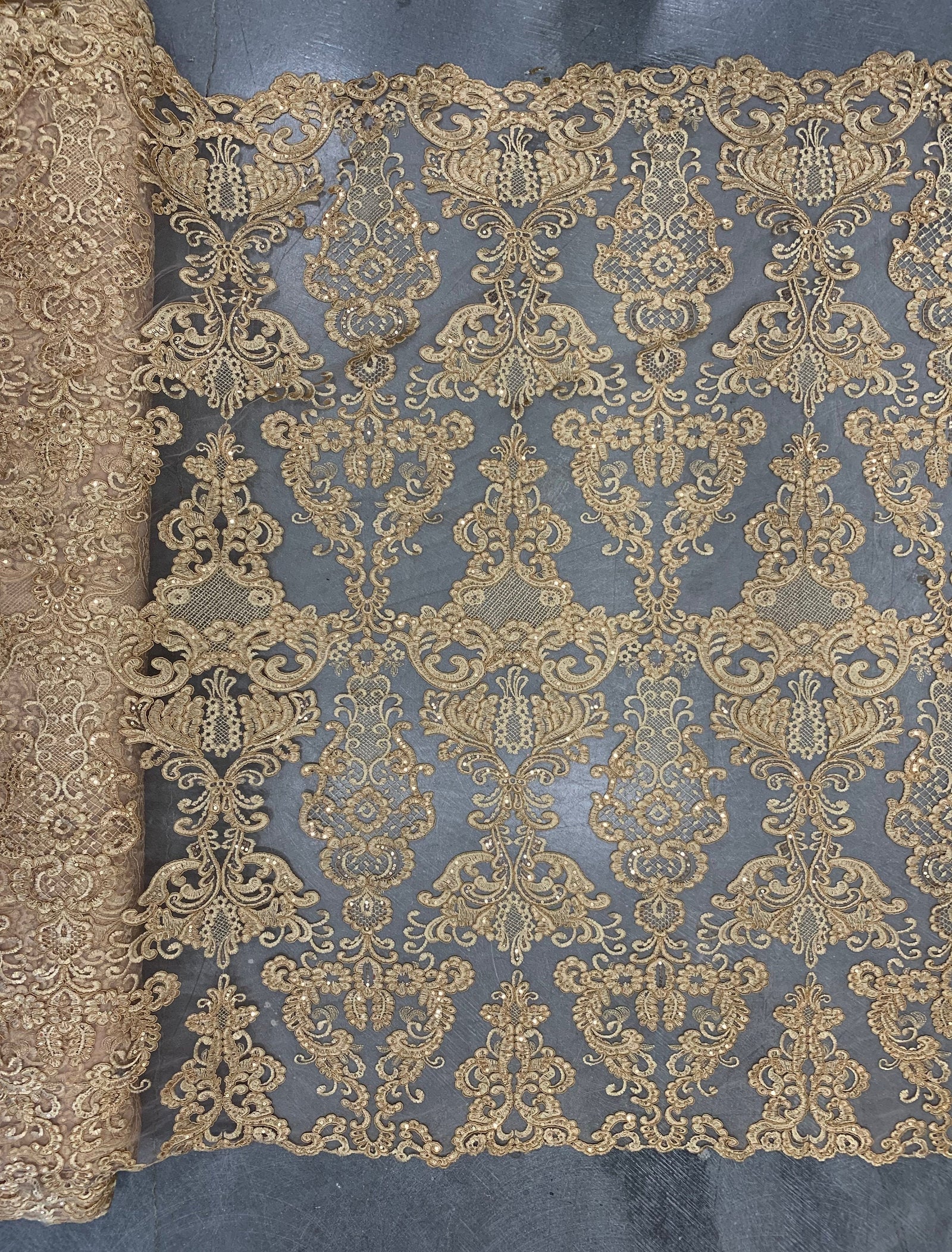 Vivian DARK GOLD Polyester Embroidery with Sequins on Mesh Lace Fabric by the Yard for Gown, Wedding, Bridesmaid, Prom - 10003