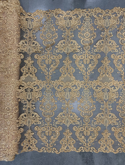 Vivian DARK GOLD Polyester Embroidery with Sequins on Mesh Lace Fabric by the Yard for Gown, Wedding, Bridesmaid, Prom - 10003