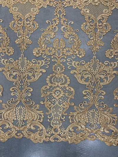 Vivian DARK GOLD Polyester Embroidery with Sequins on Mesh Lace Fabric by the Yard for Gown, Wedding, Bridesmaid, Prom - 10003
