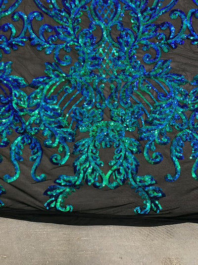 Angelica IRIDESCENT GREEN BLUE Mermaid Curlicues and Leaves Sequins on Mesh Lace Fabric by the Yard - 10132