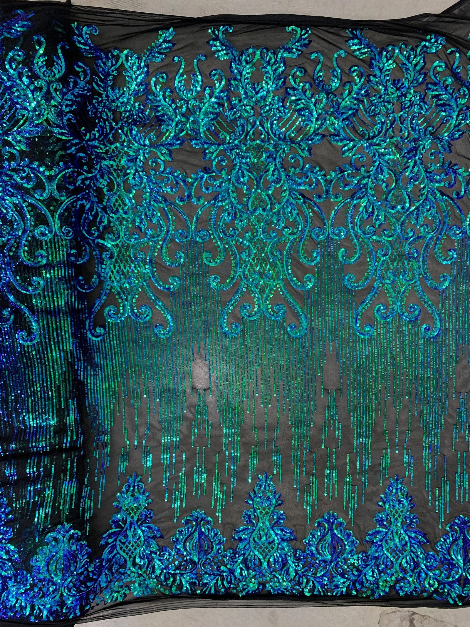 Angelica IRIDESCENT GREEN BLUE Mermaid Curlicues and Leaves Sequins on Mesh Lace Fabric by the Yard - 10132