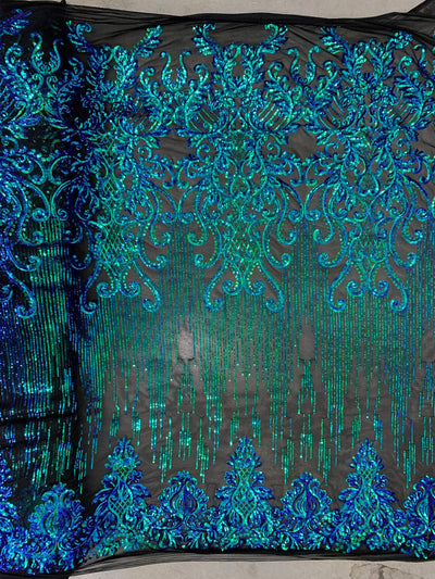 Angelica IRIDESCENT GREEN BLUE Mermaid Curlicues and Leaves Sequins on Mesh Lace Fabric by the Yard - 10132