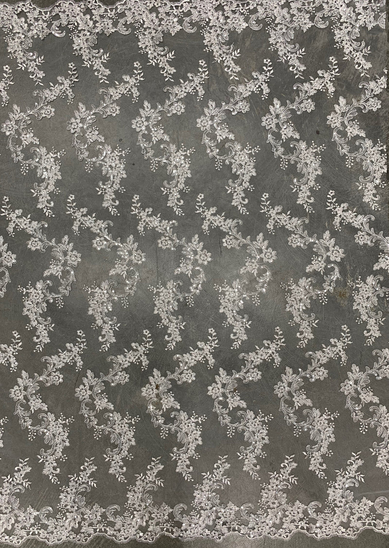 Cristina WHITE Polyester Floral Embroidery with Sequins on Mesh Lace Fabric by the Yard for Gown, Wedding, Bridesmaid, Prom - 10076