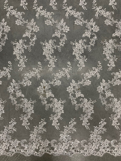 Cristina WHITE Polyester Floral Embroidery with Sequins on Mesh Lace Fabric by the Yard for Gown, Wedding, Bridesmaid, Prom - 10076