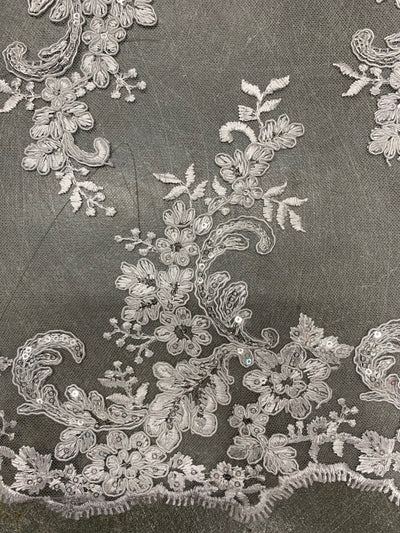 Cristina WHITE Polyester Floral Embroidery with Sequins on Mesh Lace Fabric by the Yard for Gown, Wedding, Bridesmaid, Prom - 10076