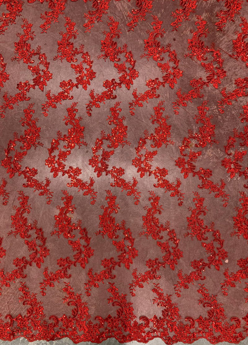 Cristina RED Polyester Floral Embroidery with Sequins on Mesh Lace Fabric by the Yard for Gown, Wedding, Bridesmaid, Prom - 10076