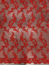 Cristina RED Polyester Floral Embroidery with Sequins on Mesh Lace Fabric by the Yard for Gown, Wedding, Bridesmaid, Prom - 10076