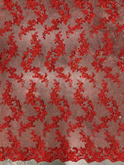 Cristina RED Polyester Floral Embroidery with Sequins on Mesh Lace Fabric by the Yard for Gown, Wedding, Bridesmaid, Prom - 10076