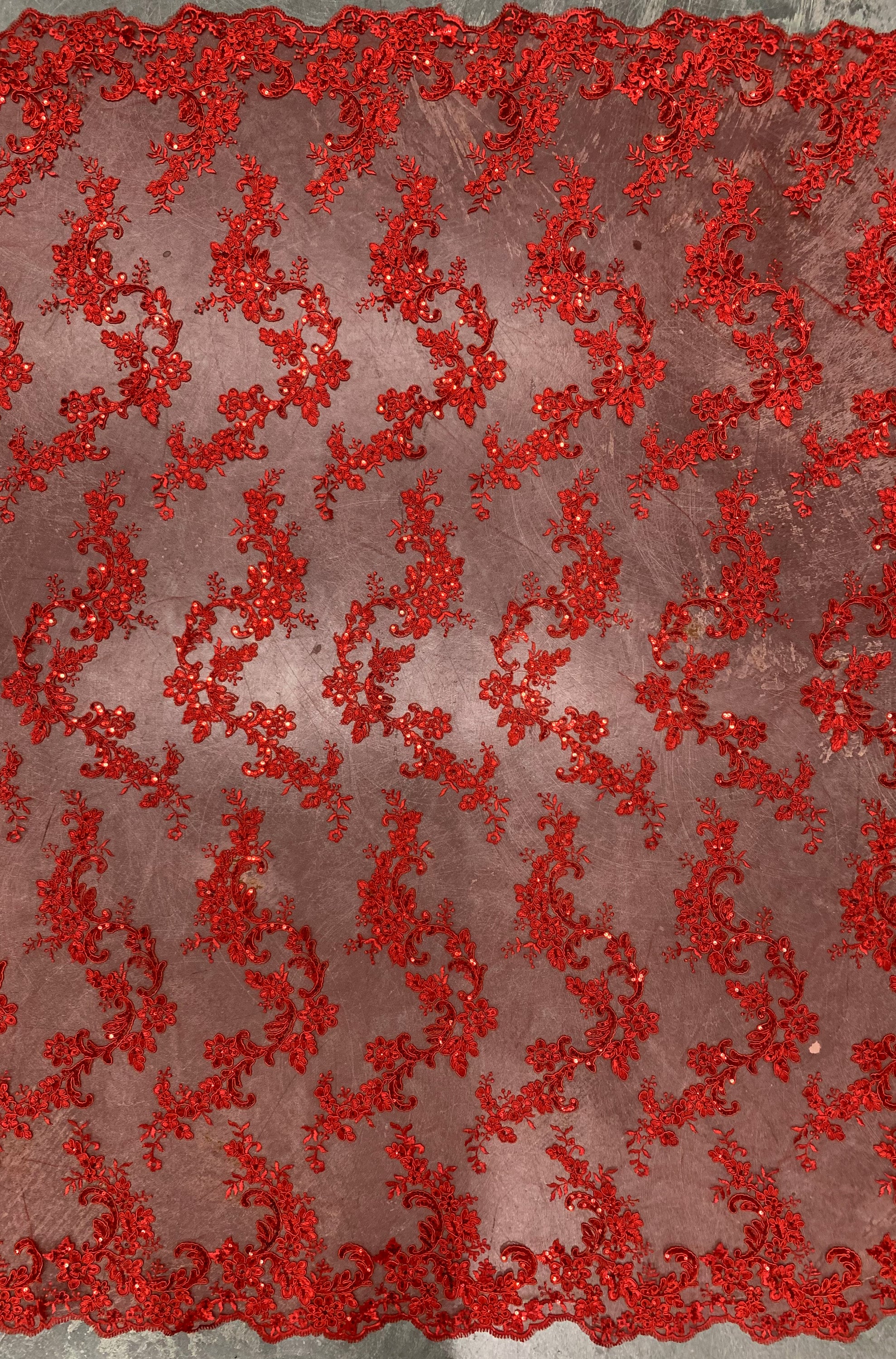 Cristina RED Polyester Floral Embroidery with Sequins on Mesh Lace Fabric by the Yard for Gown, Wedding, Bridesmaid, Prom - 10076