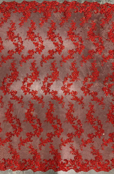 Cristina RED Polyester Floral Embroidery with Sequins on Mesh Lace Fabric by the Yard for Gown, Wedding, Bridesmaid, Prom - 10076